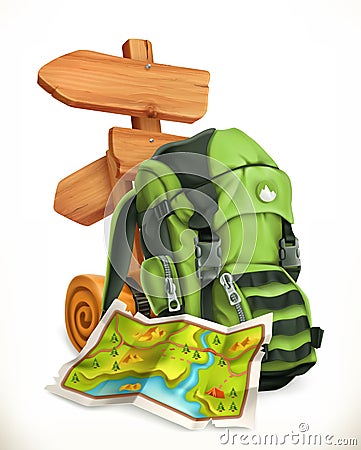 Travel. Map, tourist backpack and road sign. vector icon Vector Illustration