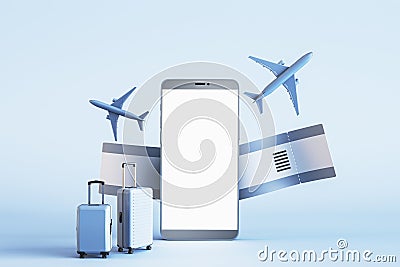 Travel and mobile booking concept with blank white smartphone screen with place for web site or application name, blue suitcases, Stock Photo