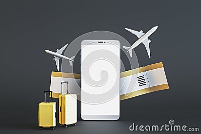 Travel and mobile booking concept with blank white smartphone screen with place for web site or application name, yellow suitcases Stock Photo