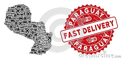 Delivery Collage Paraguay Map with Textured Fast Delivery Stamp Seal Vector Illustration