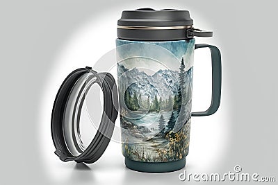 travel mug with lid and handle, perfect for taking your favorite hot beverage on the go Stock Photo
