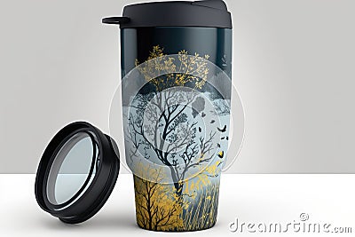 travel mug with lid and handle, perfect for taking your favorite hot beverage on the go Stock Photo