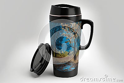 travel mug with lid and handle, perfect for taking your favorite hot beverage on the go Stock Photo