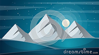 Travel night cartoon landscape. Fi, mountain, comet, star, moon, Vector Illustration