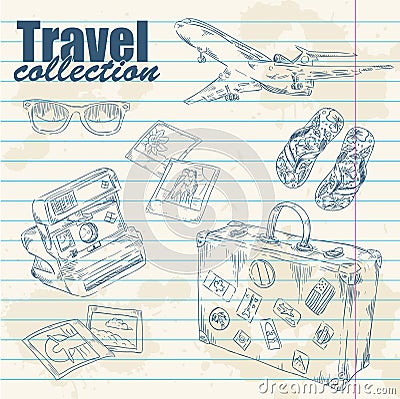 Travel objects lineart on notebook paper Vector Illustration