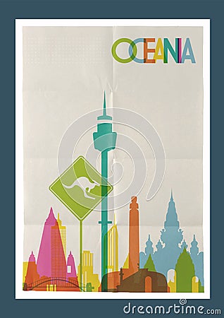 Travel Oceania landmarks skyline vintage poster Vector Illustration