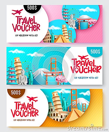 Travel package vector banner set. Travel voucher text with price discount in tourist destination background for travelling promo. Vector Illustration