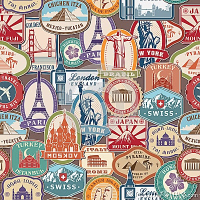 Travel pattern. Immigration stamps stickers with historical cultural objects Vector Illustration