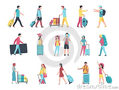 Travel people. Airport tourist baggage crowd passengers check passport control terminal queue. People with luggage Vector Illustration