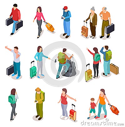 Travel people isometric set. Men, women and kids with luggage. Tourist family, passengers and baggage. Tourism vector Vector Illustration