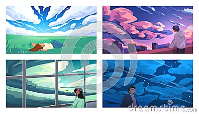 Travel people. Sky clouds. Adventures in nature and city. Admire sunrise. Man or woman journey. Couple looking at window Vector Illustration