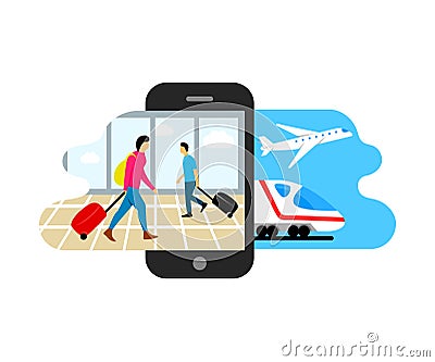Travel, people with suitcases go to the airport and railway station with train and airplane, vector illustration and design Vector Illustration