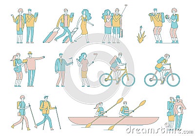 Travel people. Tourist, woman man luggage and bags. Hiking, cycling and kayaking. Summer outdoor activity. Vacations and Vector Illustration