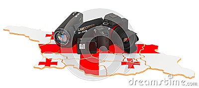 Travel and photo, video shooting in Georgia. Digital camera, camcorder and action camera on Georgian map. 3D rendering Stock Photo