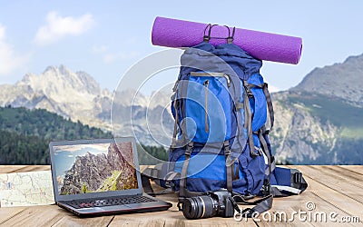 Travel photographer backpack Stock Photo