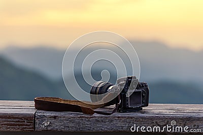 Travel photographer equipment with beautiful landscape on the ba Stock Photo