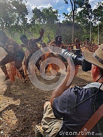 Travel photographer photographing an Aboriginal Australians ceremonial dance in Cape York Queensland Australia Editorial Stock Photo