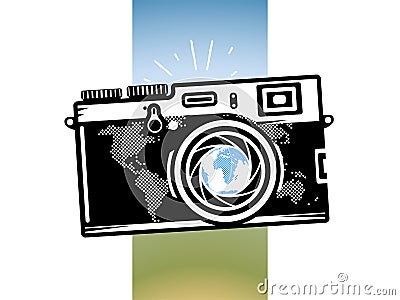 Travel photography camera with globe Vector Illustration