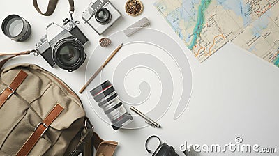 Travel photography essentials neatly arranged with space for planning and notes Cartoon Illustration