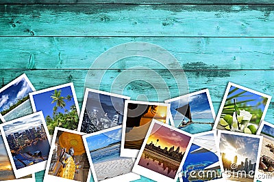 Travel photos on turquoise wood background Stock Photo