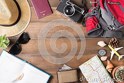 Travel plan, trip vacation accessories for trip, tourism mockup Stock Photo