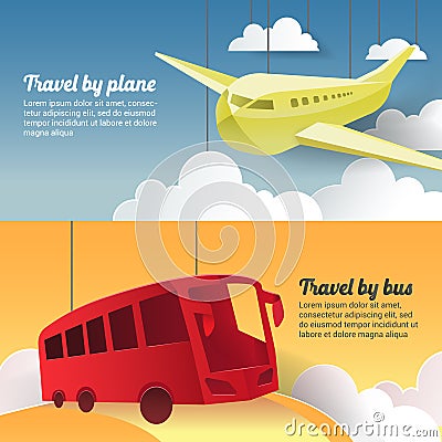 Travel by Plane and Bus. Paper Cut Out Tourism Banner Vector Illustration