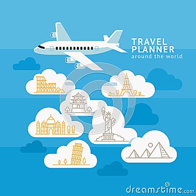 Travel Planner Around The World. Airplane with cloud landmark Vector Illustration