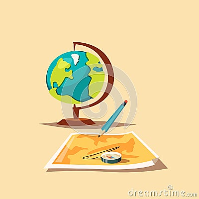 Travel planning. Map, globe and compass. Cartoon vector illustration Vector Illustration