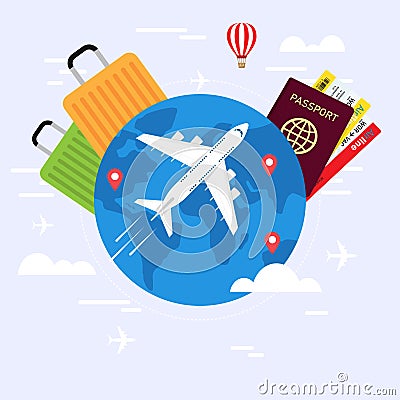 Travel Planning. Passport, airplane ticket, world map Vector Illustration