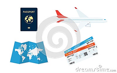 Travel Planning. Passport, airplane ticket, world map Vector Illustration