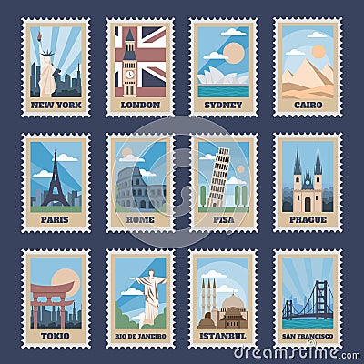 Travel postage stamps. Vintage stamp with national landmarks, retro stamping postmark world attractions and most popular Vector Illustration