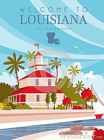 Travel postcard from Louisiana, the pelican state. Vector illustration with southern sightseeing Vector Illustration