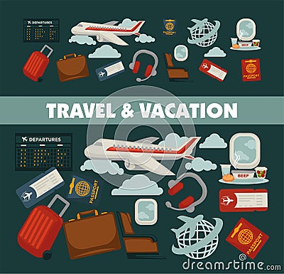 Travel poster for holiday vacation and summer air voyage. Vector Illustration