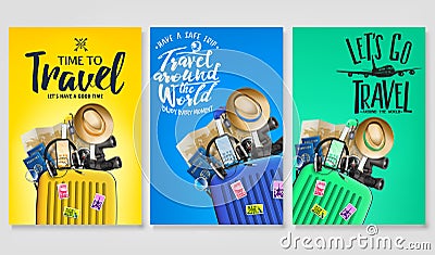 Travel Poster Set Template with Traveling Bag and Message Logo Text in Gradient Background Vector Illustration