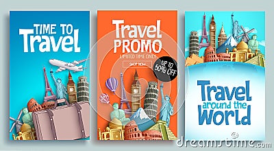 Travel poster set vector template design with promo text Vector Illustration