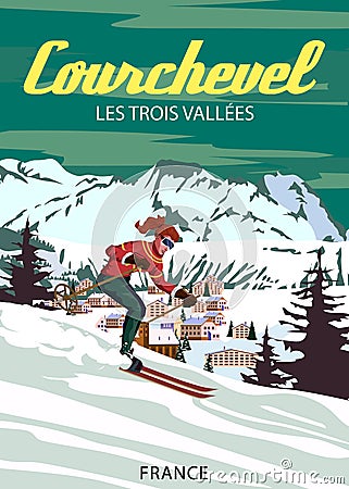 Travel poster Ski Courchevel resort vintage. France winter landscape travel card Cartoon Illustration