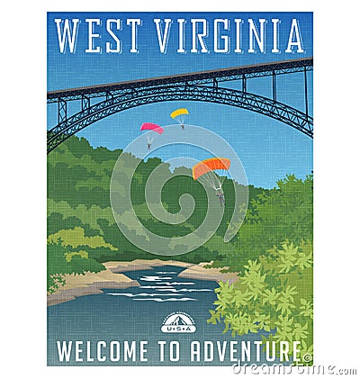 Travel poster or sticker. United States, West Virginia, Vector Illustration