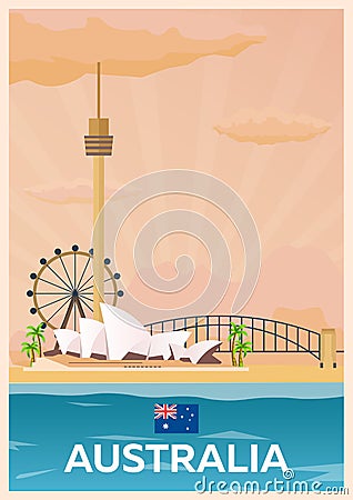Travel poster to Australia. Vector flat illustration. Cartoon Illustration