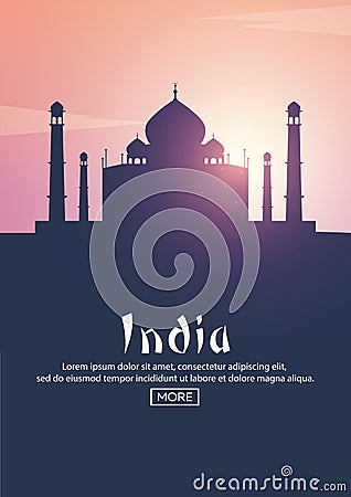 Travel poster to India. Landmarks silhouettes. Vector illustration. Cartoon Illustration