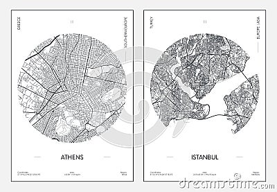 Travel poster, urban street plan city map Athens and Istanbul, vector illustration Vector Illustration