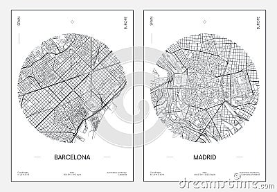 Travel poster, urban street plan city map Barcelona and Madrid, vector illustration Vector Illustration