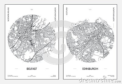 Travel poster, urban street plan city map Belfast and Edinburgh, vector illustration Vector Illustration