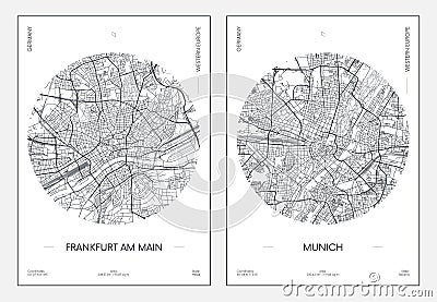 Travel poster, urban street plan city map Frankfurt am Main and Munich, vector illustration Vector Illustration