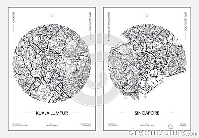 Travel poster, urban street plan city map Kuala Lumpur and Singapore, vector illustration Vector Illustration