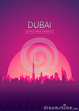 Travel poster vectors illustrations, Futuristic retro skyline Dubai Vector Illustration