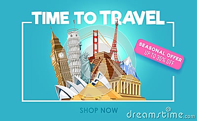 Travel promo banner with discount. Time to travel inspirational promo poster. Vector illustration Vector Illustration