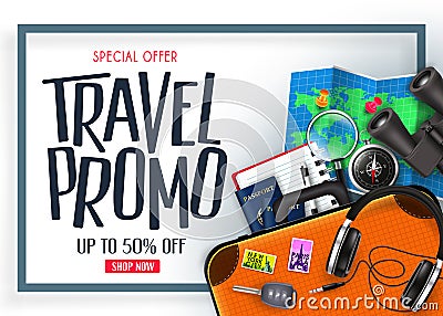 Travel Promo Banner Special Offer Up To 50% Off with Blue Frame 3D Realistic Vector Traveling Item Vector Illustration