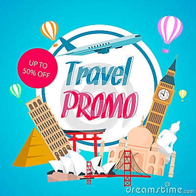 Travel Promo, Discount Coupon Template with Text Vector Illustration