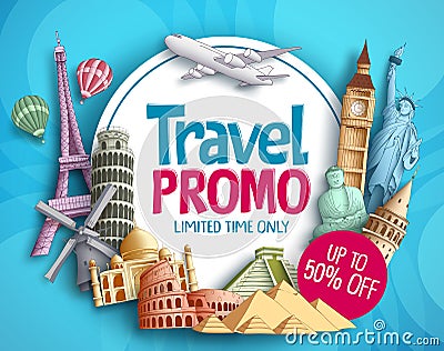 Travel promo vector banner design with world`s famous tourist landmarks Vector Illustration