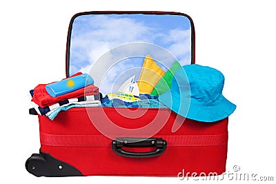 Travel red suitcase packed for vacation Stock Photo